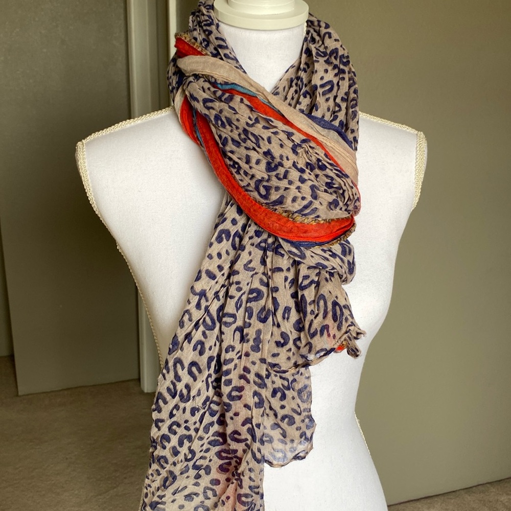 Large lightweight leopard print scarf, red, navy and light brown